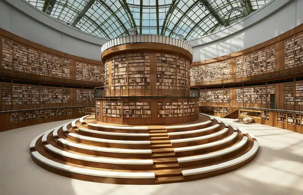 Une immense bibliothèque circulaire, en bois clair, installée sous la verrière du Grand Palais, avec gradins concentriques entourant une tour centrale remplie de livres.