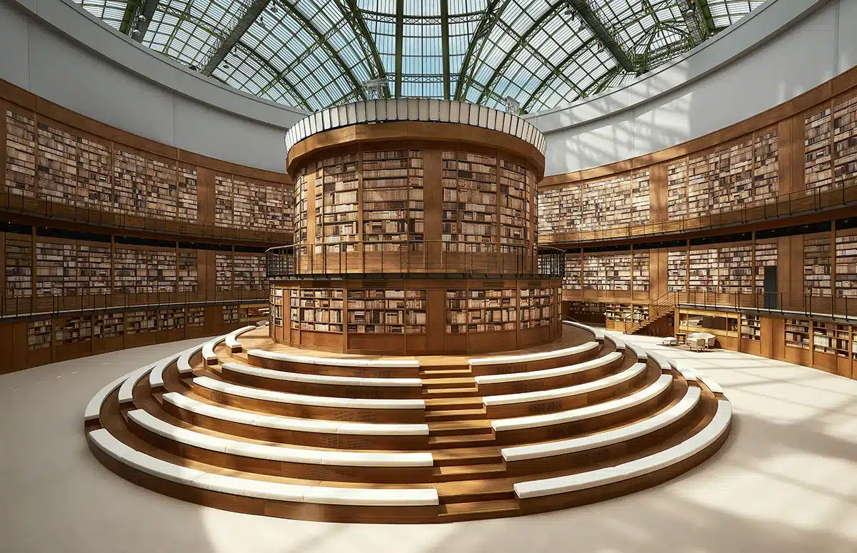 Une immense bibliothèque circulaire, en bois clair, installée sous la verrière du Grand Palais, avec gradins concentriques entourant une tour centrale remplie de livres.