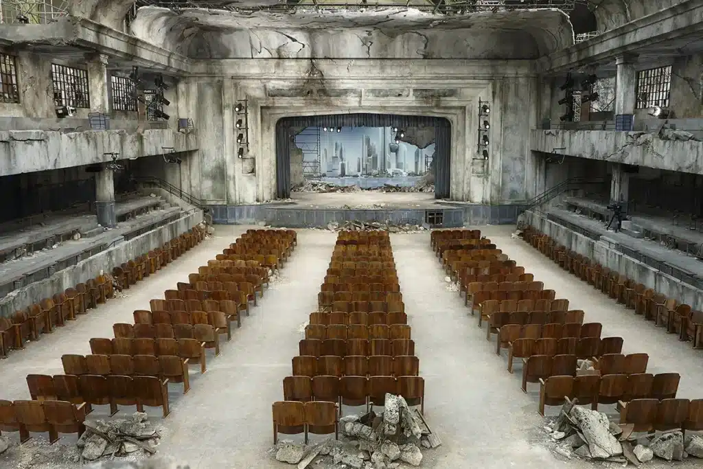Scénographie immersive d’un théâtre en ruines créée pour un défilé Chanel Haute Couture. La salle, volontairement délabrée avec murs fissurés, gravats et rangées de sièges usés, révèle une scène ouverte sur une ville futuriste. Un décor post-apocalyptique spectaculaire signé pour la saison Haute Couture Automne-Hiver 2013/2014.