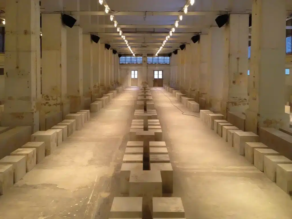 La photo montre un long espace industriel brut, aux murs écaillés et piliers massifs, aménagé en podium minimaliste. Des blocs rectangulaires en pierre ou béton servent de sièges alignés avec précision de part et d’autre d’une allée centrale. L’ambiance est austère, monochrome, presque monastique, éclairée par une ligne de spots suspendus au plafond.