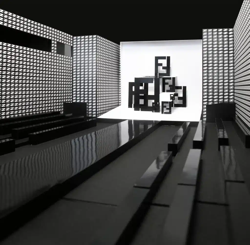 Un décor de défilé Fendi ultra-graphique et minimaliste : un long podium noir brillant encadré de murs couverts du motif FF répété, menant à une sculpture centrale de logos FF imbriqués en noir et blanc. L’ensemble crée une ambiance futuriste, géométrique et très identitaire.