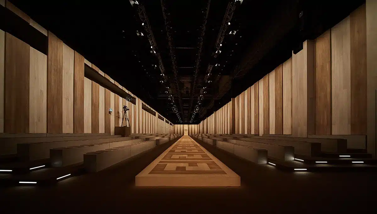 Cette image présente un décor de défilé spectaculaire, conçu comme un long couloir architectural entièrement habillé de panneaux de bois verticaux. La perspective est parfaitement centrée, soulignant une allée rectiligne qui s’étire vers un point de fuite lumineux au fond. Le sol, également en bois, alterne des motifs géométriques en tons naturels, créant un rythme visuel sophistiqué. De chaque côté, des gradins minimalistes accueillent les spectateurs, tandis qu’un éclairage discret intégré au sol et un plafond technique chargé de projecteurs plongent l’ensemble dans une ambiance à la fois théâtrale et épurée. L’ensemble évoque une scénographie contemporaine, précise et maîtrisée, où la matière brute et la géométrie sont au cœur du langage esthétique.