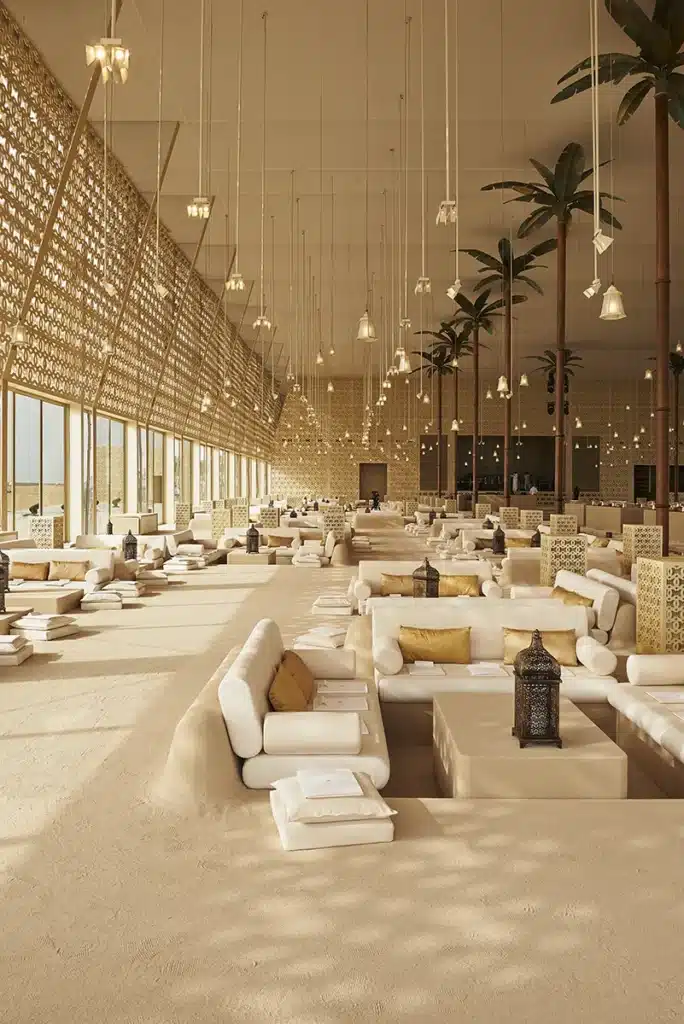 Décor luxueux évoquant un palais désertique, vastes salons de sable fin, assises crème et lanternes orientales sous une forêt de palmiers stylisés, éclairée par des suspensions dorées créant une ambiance chaleureuse et immersive.