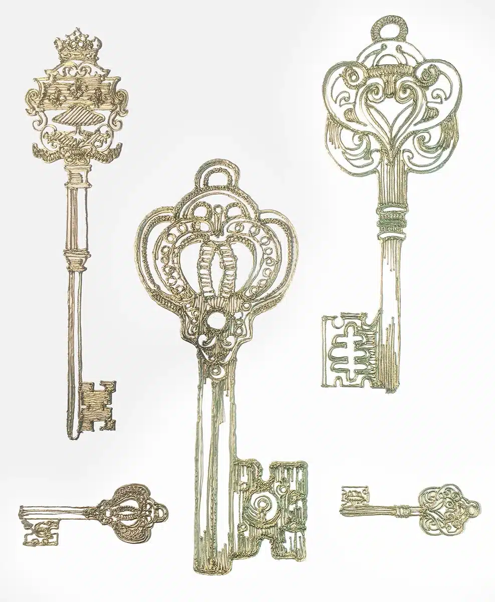 Ces images dévoilent une série de décors entièrement réalisés en fil métallique doré, travaillés comme des dessins tridimensionnels. Lustres monumentaux, clés anciennes et représentation de la place Vendôme sont mis en scène comme des objets flottants, délicatement ciselés. L’ensemble crée une ambiance luxueuse, graphique et presque immatérielle, où le métal fin devient un trait de crayon lumineux, transformant la vitrine en un espace à la fois patrimonial et contemporain.