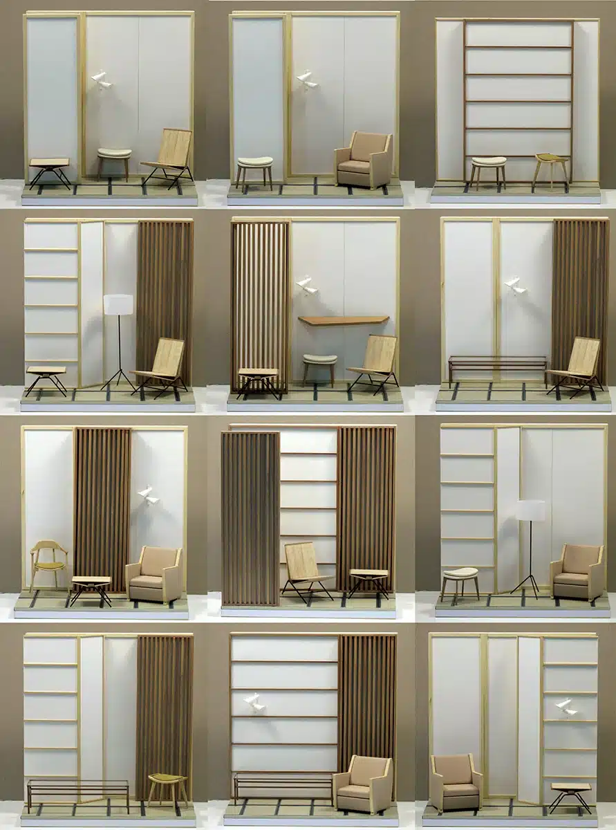 La planche montre diverses configurations possibles du décor des vitrines, jouant sur la mobilité des panneaux : ouverture, fermeture, rayonnage, alcôves… Une exploration visuelle qui décline un même langage esthétique en multiples variations élégantes et modulaires.